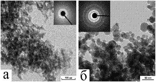 ПЭМ-изображения и электроннограммы наночастиц диоксида титана, полученных методами (а) автоклавного синтеза и (б) лазерной абляции